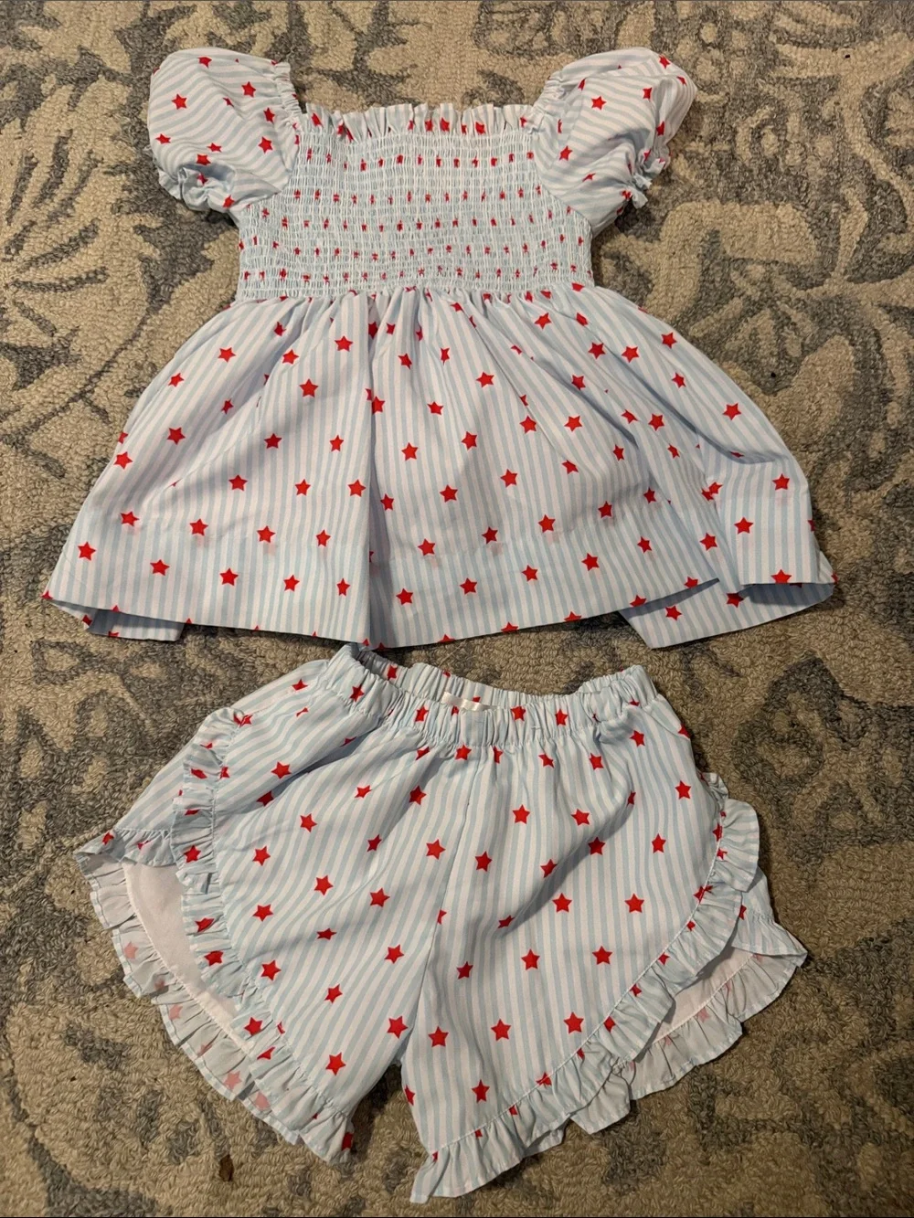 Girls Blue & Red Star Smocked Two-Piece Set
